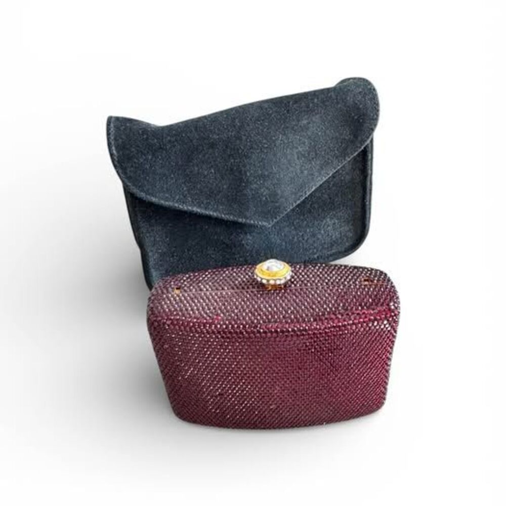 Katherine Baumann Swarovski Crystal Mini Clutch Burgundy Gold Chain Suede Pouch